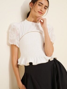 SI3NNA Smocked Puff-Sleeve Ruffle Top White Anthropologie M